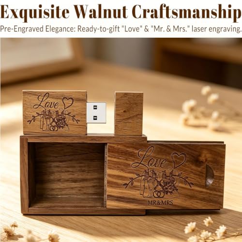 Wood USB Flash Drive 32GB USB3.0 Wedding Flash Drive with Tiny Box - color: Walnut(WED Block USB+box-S), size: 32GB-3.0