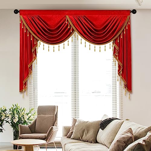 ELKCA Luxury Burgundy Red Velvet Curtain Valances for Living Room with Beads(59inch,1 Panel) - color: Burgundy Red, size: 59"W x 43"L (Pack of 1)