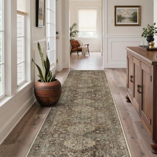 Bavni 3x10 Hallway Runner Rug, Non Slip Washable, Vintage Brown - color: Brown, size: 3' x 10' (Rectangular)