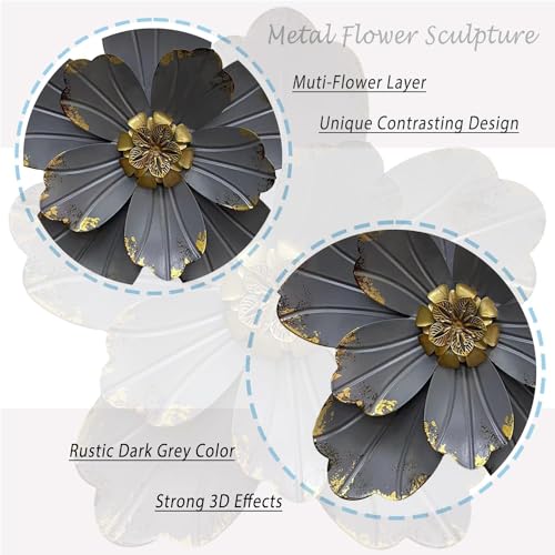 Metal Flower Wall Sculpture, 9.5" Grey Golden Rustic Modern Artwork - color: 02B-Grey