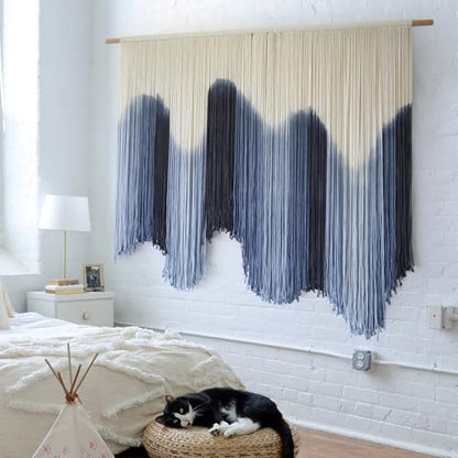 Macrame Wall Hanging Blue Large Hand-Dyed Ombre Fiber Tapestry 57"W*39"L - color: Blue