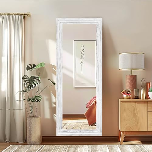 58x22in Full Length Mirror, 3-Tier Stepped Solid Wood Frame, White - color: White, size: 58"L x 22"W
