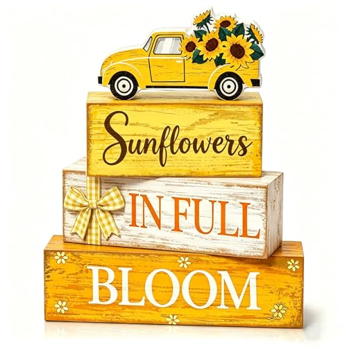 4 Pcs Summer Sunflower Table Decor, Wooden Sunflower Tiered Tray Decor with Truck, Rustic Farmhouse Yellow Block Tabletop Centerpiece for Home Kitchen Office Coffee Bar Fireplace Mantel Floating Shelf - style: Car