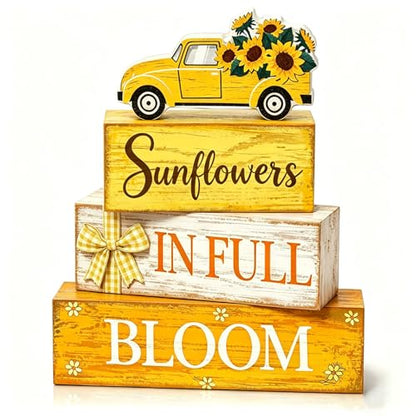 4 Pcs Summer Sunflower Table Decor, Wooden Sunflower Tiered Tray Decor with Truck, Rustic Farmhouse Yellow Block Tabletop Centerpiece for Home Kitchen Office Coffee Bar Fireplace Mantel Floating Shelf - style: Car