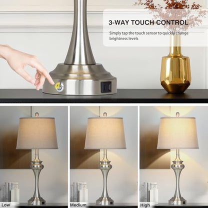Rinweey 30 inch Silver Table Lamp Single, 3 Way Touch Control Bedside Lamp with USB A+C Ports, Modern Brushed Nickel Bedroom Lamps for Nightstand, Tall Metal Living Room Lamps for Side Table Office - color: Silver-30"H-1PK