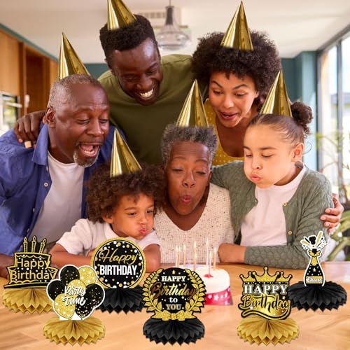 9 PCS Happy Birthday Party Table Decorations | Black and Gold Birthday Center Pieces for Table | Birthday Honeycomb Table Centerpieces | Reusable Birthday Table Toppers for Girls Boys Women Men