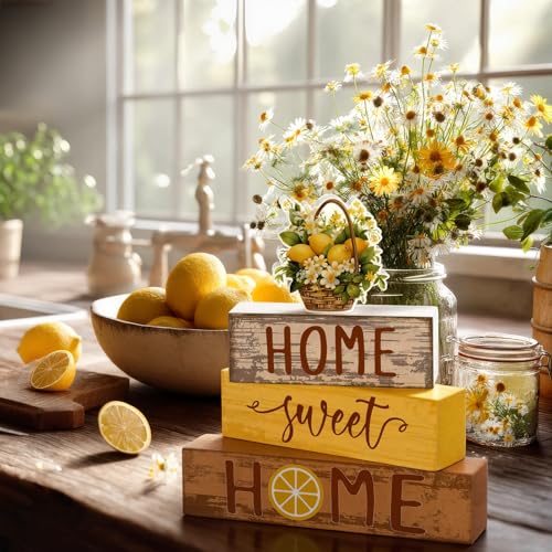 Cinnvoice 4 Pcs Summer Lemon Wooden Tabletop Decor Yellow Tiered Tray - style: Lemon