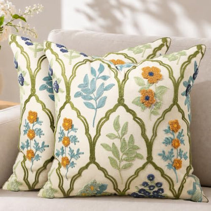 Embroidered Throw Pillow Covers 18x18, Set of 2, Verdant Blooms - color: Verdant Blooms, size: 18" x 18" (Pack of 2)