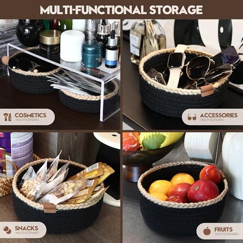 Sea Team 3-Pack Compact Nesting Woven Cotton Rope Storage Baskets, Black - color: Black & Jute