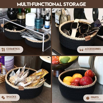 Sea Team 3-Pack Compact Nesting Woven Cotton Rope Storage Baskets, Black - color: Black & Jute