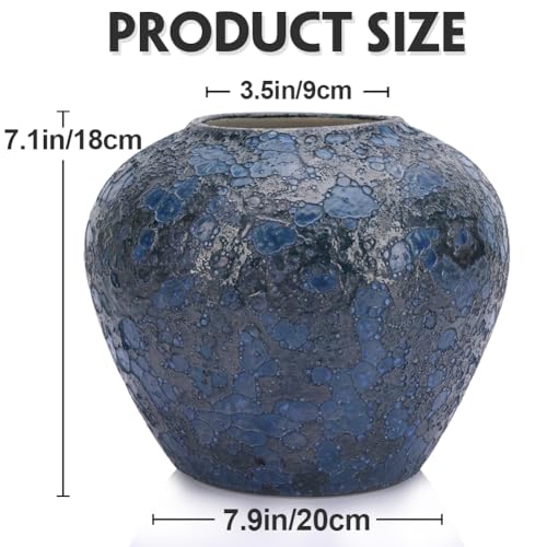 Rustic Blue Ceramic Vase, Blue Vases for Home Decor Large Round Terracotta Vases for Farmhouse Home Decoration, Wide Mouth Vintage Pottery Vase for Living Room, Kitchen, Table Centerpieces - size: Small