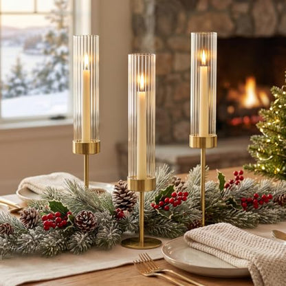 Gold Hurricane Taper Candle Holders,2 Sets(6 Pcs) Brass Candlestick Holders with Ribbed Glass Cylinder, Table Centerpiece Decor for Wedding, Party, Halloween,Christmas & Home Decoration