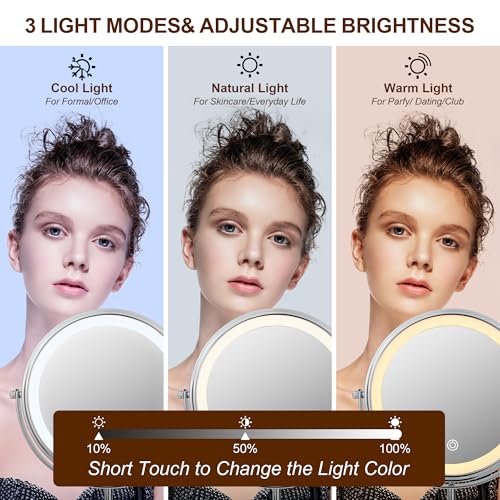 JANEEVA 10X Lighted Makeup Mirror with 3 Lighting Modes, 8" Dimmable Lights Height Adjustable Vanity Mirror with Lights, Rechargeable Double Sided 1X 10X Magnifying Mirror, 360°Rotation,Chrome