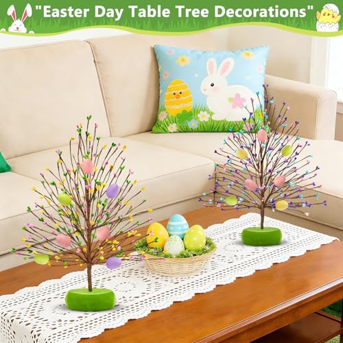 TURNMEON Easter Decorations 2 Pack Easter Tree with 14 Pastel Eggs Ornaments and Floral Berry Blossom, 15'' Tabletop Artificial Tree Easter Decor for Spring Party Table Centerpiece Room Home