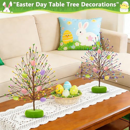 TURNMEON Easter Decorations 2 Pack Easter Tree with 14 Pastel Eggs Ornaments and Floral Berry Blossom, 15'' Tabletop Artificial Tree Easter Decor for Spring Party Table Centerpiece Room Home