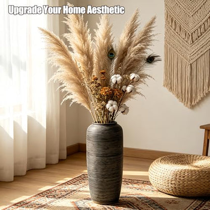 Brown Rustic Ceramic Floor Vase, 15.7 Inch, Ribbed Texture - size: 15.7 Inch