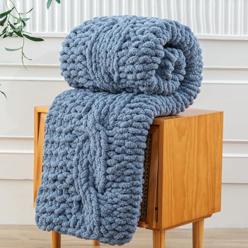 WESHIONGOO Chunky Knit Blanket Throw 50"×60" Knitted Throw Blankets for Couch Bed Fluffy Soft Blanket with Jumbo Chenille Yarn Thick 100% Handmade (Dusty Blue) - color: Dusty Blue, size: 50"x60"