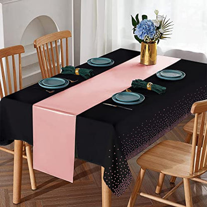 8Pack Disposable Plastic Tablecloths and Satin Table Runner Set Black and Rose Gold Dot Tablecloth Gold Satin Table Runner for Wedding Birthday Baby Shower Anniversary Christmas New Year Party Supply - color: Black and Rose Gold, size: 8 Pack