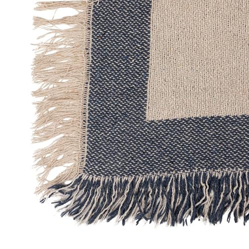 Bloomingville Woven Cotton Blend Jacquard Throw Blanket, Natural and Blue
