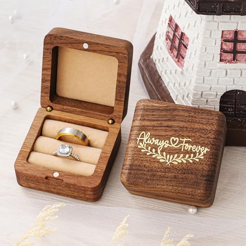 KWOOD Personalized Wooden Wedding Ring Box, Engraved Always &Forever Double Ring Holder, Wedding Ceremony Ring Bearer Box, Anniversary Birthday Gift Idea - style: G-Always & Forever