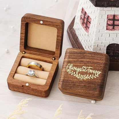 KWOOD Personalized Wooden Wedding Ring Box, Engraved Always &Forever Double Ring Holder, Wedding Ceremony Ring Bearer Box, Anniversary Birthday Gift Idea - style: G-Always & Forever