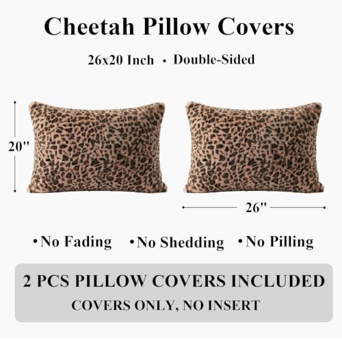 Cheetah Pillow Covers 20x26, Faux Fur Leopard Print Pillow Cases Set of 2 - size: 26" x 20" (Pack of 2)
