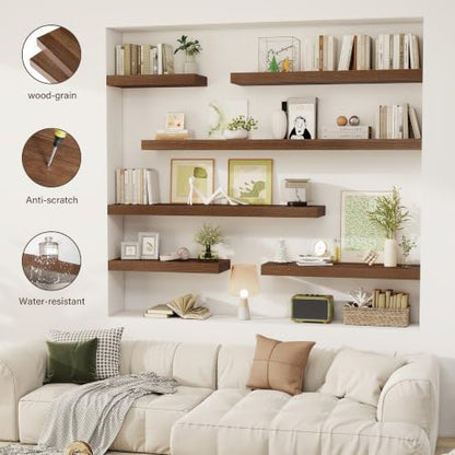 Acovy 72 Inch Floating Shelves, 12" Deep Floating Shelf Wall Mounted, 72" Wall Shelves, Rustic Deep Bookshelf, Extra Deeper & Thicker Display Shelves for Bedroom, Living Room, Walnut, Set of 1 - color: Walnut, size: 12"Wx72"L-1pc