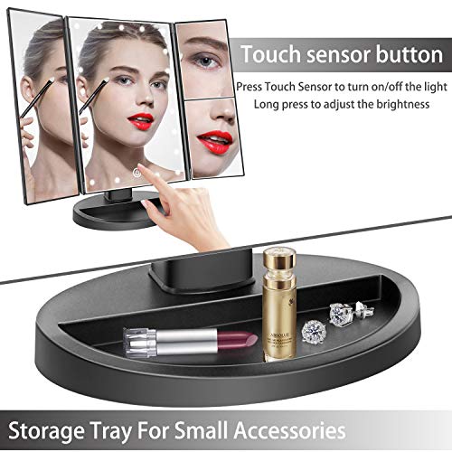 deweisn Tabletop Mount Trifold Lighted Vanity Mirror with 21 LED Lights, Touch Screen and 3X/2X/1X Magnification, Two Power Supply Mode Make up Mirror,Travel Mirror - color: Black