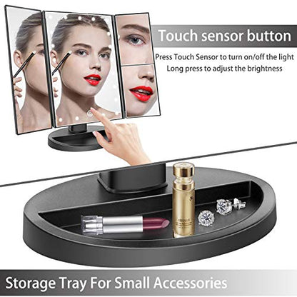 deweisn Tabletop Mount Trifold Lighted Vanity Mirror with 21 LED Lights, Touch Screen and 3X/2X/1X Magnification, Two Power Supply Mode Make up Mirror,Travel Mirror - color: Black