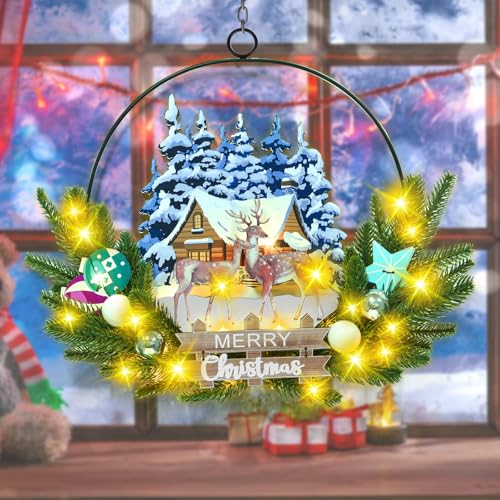 Pre-Lit Christmas Wreath for Front Door, Lighted Deer with 6H On/18H Off - color: Deer-warm White