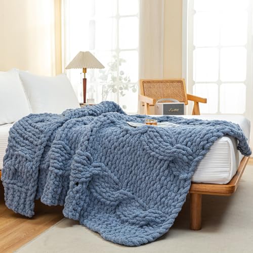 WESHIONGOO Chunky Knit Blanket Throw 50"×60" Knitted Throw Blankets for Couch Bed Fluffy Soft Blanket with Jumbo Chenille Yarn Thick 100% Handmade (Dusty Blue) - color: Dusty Blue, size: 50"x60"
