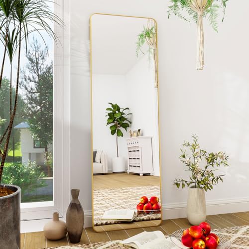 BEAUTYPEAK 59" x 16" Rounded Corner Full Length Mirror with Stand, Gold - color: Gold, size: 59"L x 16"W