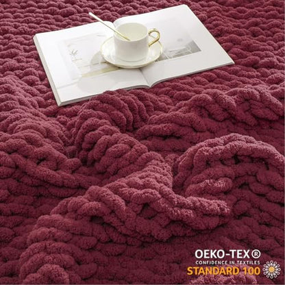 WESHIONGOO Chunky Knit Blanket Throw for Couch Bed 51"×63" Burgundy Red - color: Burgundy Red, size: 51"x63"(Large Size Throw)