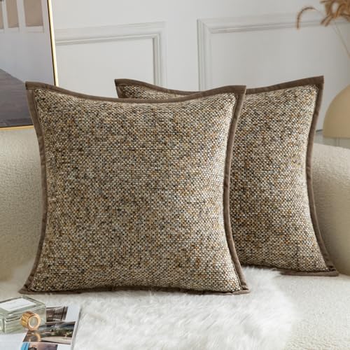 Yaertun Pack of 2 Tie-dye Chenille Textured Throw Pillow Covers Decorative Square Accent Cushion Cover Cozy Soft Velvet Pillow Case for Couch Sofa Bedroom Living Room 18x18 Inch Brown - color: Brown, size: 18" x 18" (Pack of 2)