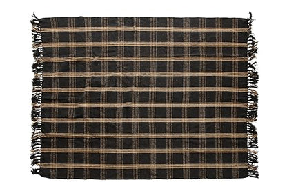 Plaid Black & Tan Fringed Woven Cotton Blend Throw - color: Black, size: One Size