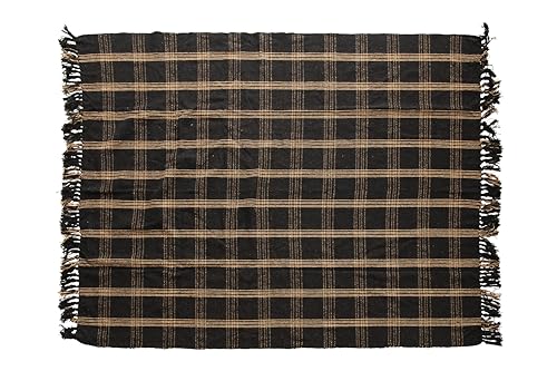 Plaid Black & Tan Fringed Woven Cotton Blend Throw (Pack of 4) - color: Black, size: (Pack of 4)