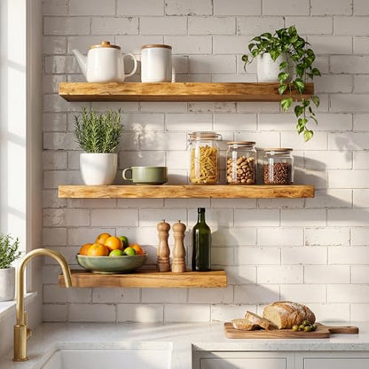 24 Inch Live Edge Floating Shelves Set of 2, Solid Elm Wood Ledge - color: Artisan Natural, size: 24 Inch | 2 Pack