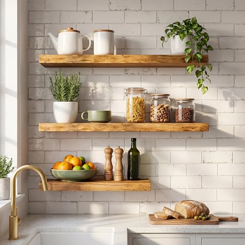 32" Live Edge Floating Shelves, Solid Elm Wood Shelf, Set of 2 - color: Artisan Natural, size: 32 Inch | 2 Pack