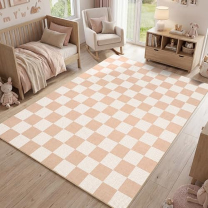 GarveeHome Checkered Blush Beige 4x6 Washable Rug Low-Pile Bedroom Nursery - color: Blush Beige, size: 4' x 6' (Rectangular)