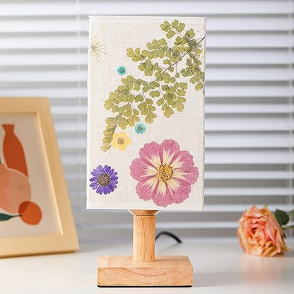 Dried Flowers Table Lamp 5W LED 3Color Temperatures Pressed Flower Bedside Lamp Square Linen Shade with Wood Base for Bedroom Living Room - color: Square-3-Color