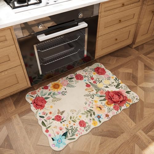 Washable Entryway Small Area Rugs: Door Mat Indoor Entrance 2x3 Floral Rug Ultra Thin Stain Resistant Non Slip Low Pile Lightweight Carpet for Kitchen, Front Door, Small Spaces Decor (Beige) - color: Beige, size: 2’x3’ (Rectangular)