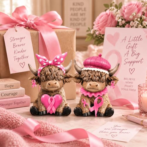 Karenhi 2 Pcs Breast Cancer Awareness Highland Cow Figurines, Pink Ribbon - style: Breast Cancer