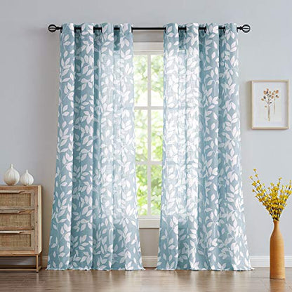 Blue White Leaf Semi Sheer Curtains for Kitchen Window Panels 52x54"L 2pcs - color: Blue, size: 52"W x 54"L (Pack of 2)