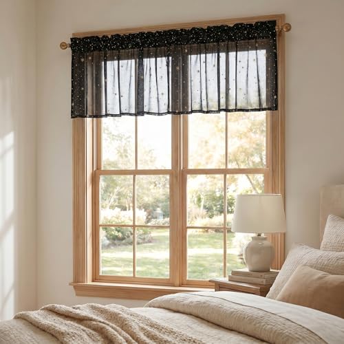 Horaldaily 2Pcs Black Sheer Valance 52x14in, Gold Sequin Star, Halloween - color: Black and Gold, size: 52"W x 14"L (Pack of 2)