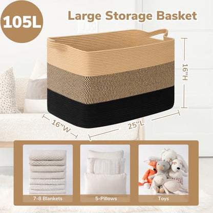 Goodpick 105L Extra Large Woven Rope Blanket Basket, Rectangle, Black Jute - color: Black Jute, size: XX-Large(25"L x 16"W x 16"H)