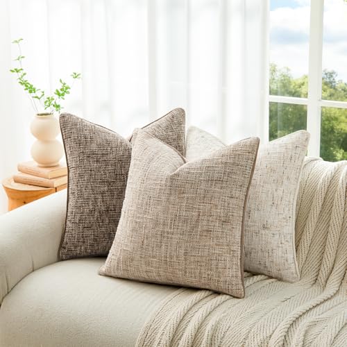 a moment Khaki Reversible Pillow Covers 2 Pack - Farmhouse Chenille Throw Pillows, Neutral Textured Decorative Throw Pillow Covers with Border for Couch Sofa Bed (18x18 Inch, No Insert) - color: Khaki, size: 18" x 18" (Pack of 2)