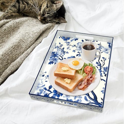 Serving Tray with Handles, 15.7 * 11.8 inches, Plastic Ottoman Tray with Exquisite Paintings, Trays for Coffee Table - color: Blue Sparrow