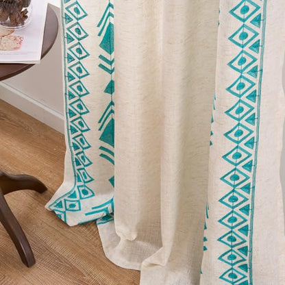 Teal Blue Sheer Curtains 72 Inch Geometric Embroidered 2 Panels - color: Geometric-teal, size: 52"W x 72"L (Pack of 2)
