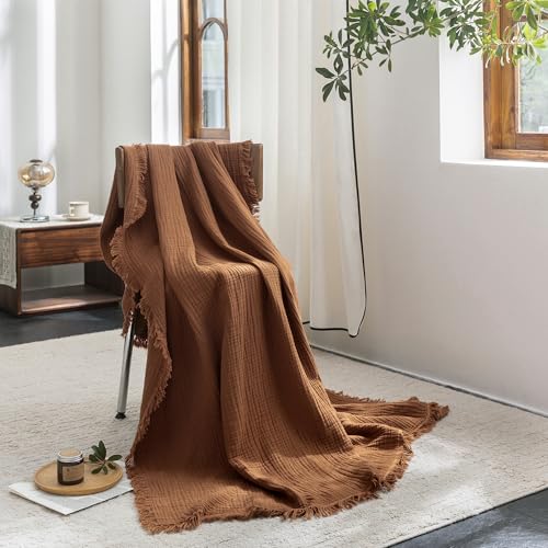 FOSSA Muslin Blanket 4-Layer 100% Cotton Gauze Blanket with Fringe 104"x90" - color: Dark Orange, size: King (104" × 90")