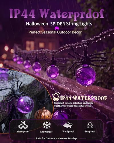 12FT Halloween Purple Spider String Lights, Plug-in 20 LED Decor - color: Purple Spider Lights